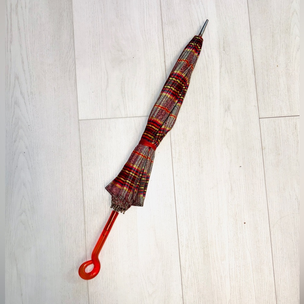 Vintage 1940’s striped Plaid ordinate Lucite Handle Umbrella Parasol Lancaster
